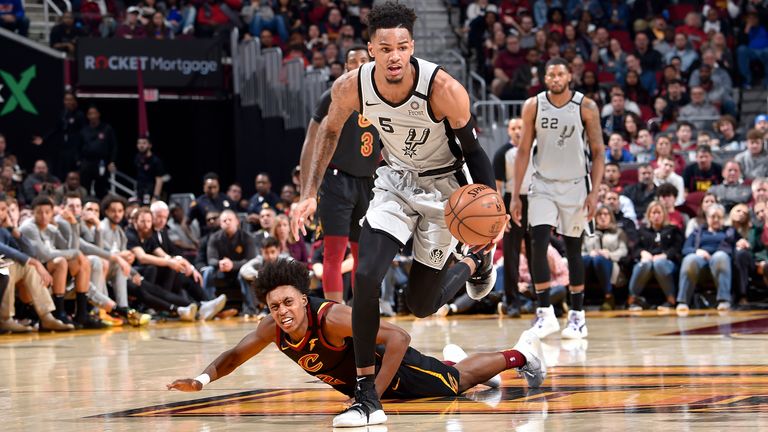 Dejounte Murray of the San Antonio Spurs handles the ball against the Cleveland Cavaliers