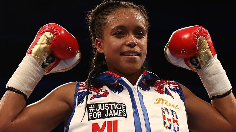 Natasha Jonas celebrates a points win against Feriche Mashauri during their lightweight bout at M&S Bank Arena on March 30, 2019 in Liverpool, England