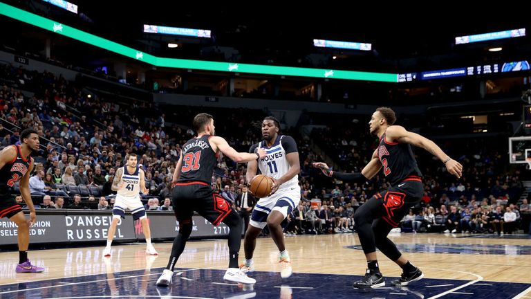 Naz Reid #11 of the Minnesota Timberwolves drives to the basket against the Chicago Bulls on March 4, 2020 at Target Center in Minneapolis, Minnesota.