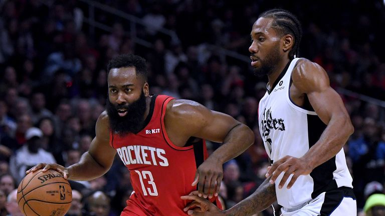 James Harden (L) and Kawhi Leonard are set to clash when the Clippers visit the Rockets