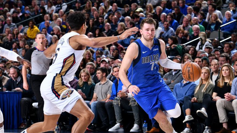 Luka Doncic #77 of the Dallas Mavericks handles the ball against the New Orleans Pelicans on March 4, 2020 at the American Airlines Center in Dallas, Texas.