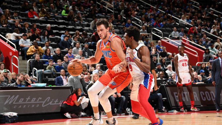 Danilo Gallinari #8 of the Oklahoma City Thunder handles the ball against the Detroit Pistons on March 04, 2020 at Little Caesars Arena in Detroit, Michigan. 