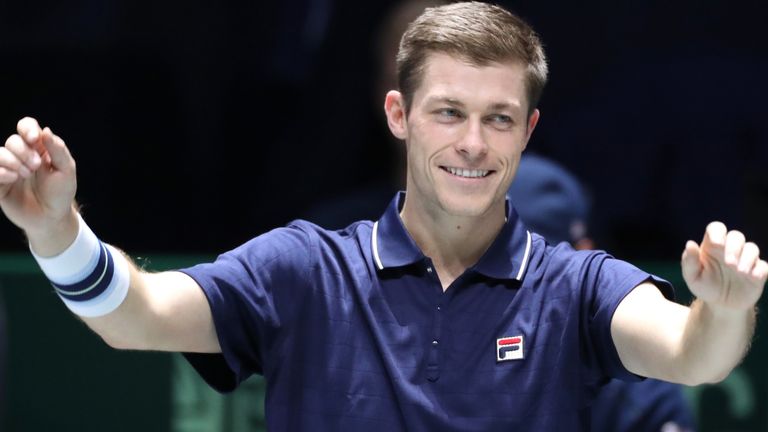 Neal Skupski of Great Britain celebrates following the Great Britain v Kazakhstan doubles match during Day 4 of the 2019 Davis Cup at La Caja Magica on November 21, 2019 in Madrid, Spain