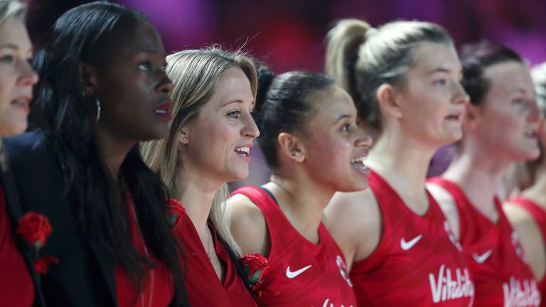 England Vitality Roses head coach Jess Thirlby singing the national anthem