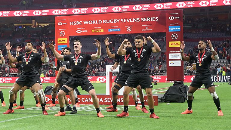 VANCOUVER, BRITISH COLUMBIA - MARCH 08: New Zealand performs the Haka after defeating Australia in the rugby sevens final at BC Place on March 08, 2020 in Vancouver, Canada. (Photo by Trevor Hagan/Getty Images)