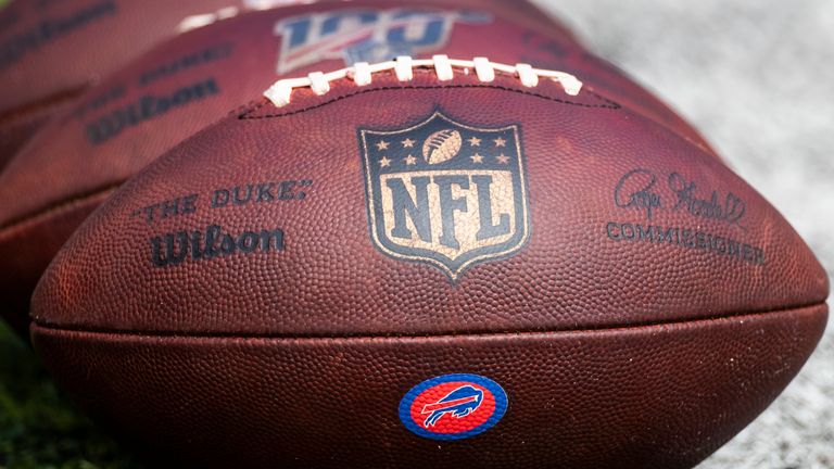  Detail view of three NFL footballs on the sideline before the game between the New York Jets and the Buffalo Bills at MetLife Stadium on September 8, 2019