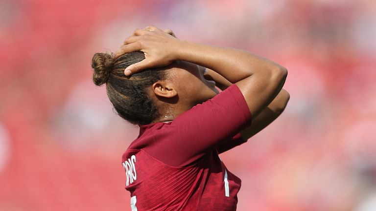 FRISCO, TX - MARCH 11: Nikita Parris #7 of England laments during a match between England and Spain as part of 2020 SheBelieves Cup at Toyota Stadium on March 11, 2020 in Frisco, Texas. (Photo by Omar Vega/Getty Images)