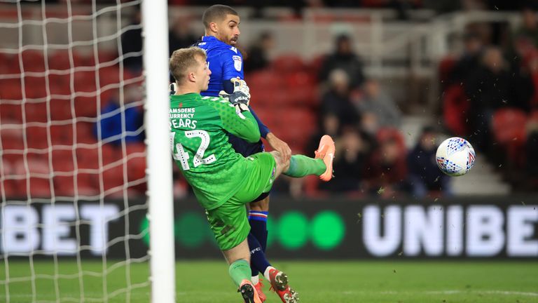 Nottingham Forest's Lewis Grabban scores his side's second goal of the game during the Sky Bet Championship match at the Riverside Stadium, Middlesbrough. PA Photo. Picture date: Monday March 2, 2020. See PA story SOCCER Middlesbrough. Photo credit should read: Owen Humphreys/PA Wire. RESTRICTIONS: EDITORIAL USE ONLY No use with unauthorised audio, video, data, fixture lists, club/league logos or "live" services. Online in-match use limited to 120 images, no video emulation. No use in betting, games or single club/league/player publications.