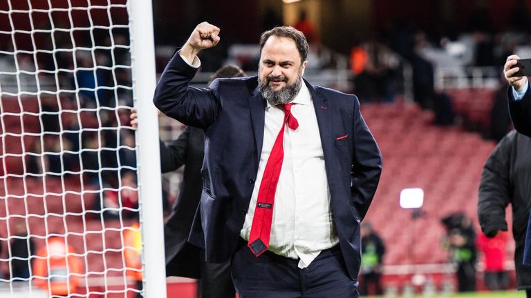 Olympiakos owner Evangelos Marinakis celebrates on the pitch at the Emirates Stadium after his side’s Europa League round of 32 second leg against Arsenal. 