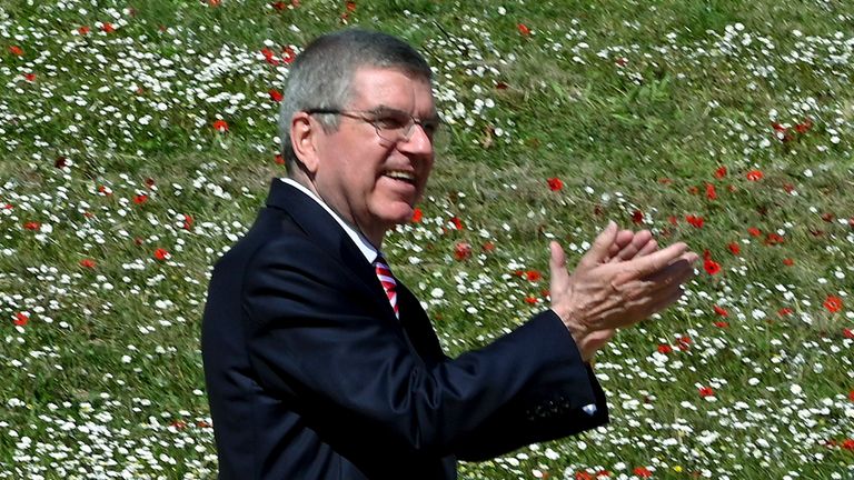 Thomas Bach, President of the IOC, attends the opening of the Olympic flame torch relay for the Tokyo 2020 Summer Olympics in ancient Olympia, Greece. 