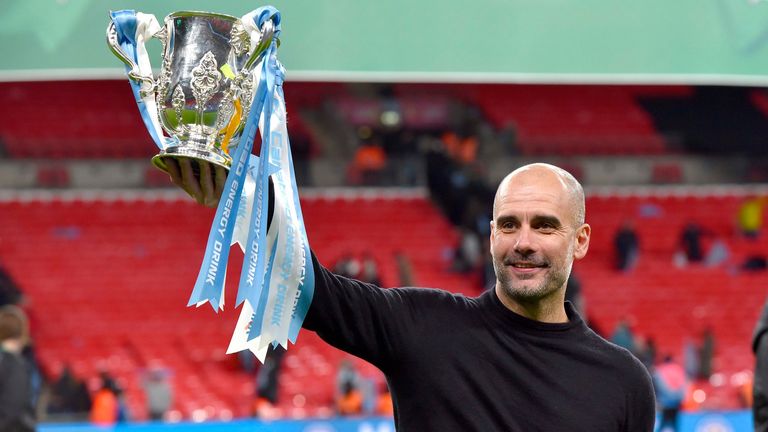 Pep Guardiola lifs the Carabao Cup