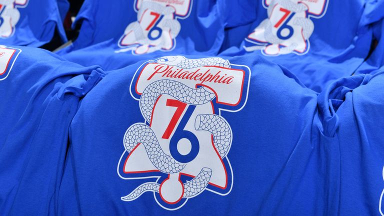 Team t-shirts cover seats at Wells Fargo Center before a 76ers playoff game