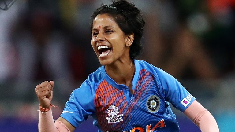 YDNEY, AUSTRALIA - FEBRUARY 21: Poonam Yadav of India celebrates dismissing Ellyse Perry of Australia during the ICC Women's T20 Cricket World Cup match between Australia and India at GIANTS Stadium on February 21, 2020 in Sydney, Australia