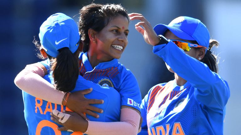 Poonam Yadav of India is congratulated by team mates after getting the wicket of Nilakshika Silva of Sri Lanka during the ICC Women's T20 Cricket World Cup match between India and Sri Lanka at Junction Oval on February 29, 2020 in Melbourne, Australia