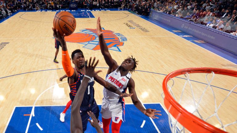 Bobby Portis of the New York Knicks shoots the ball during the game against the Detroit Pistons