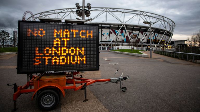 A message outside the London Stadium reads 'No Match At London Stadium'