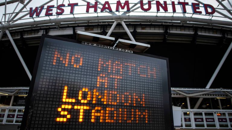 A message outside the London Stadium reads 'No Match At London Stadium'