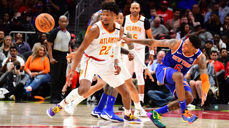 Cam Reddish of the Atlanta Hawks steals the ball during the game against the New York Knicks