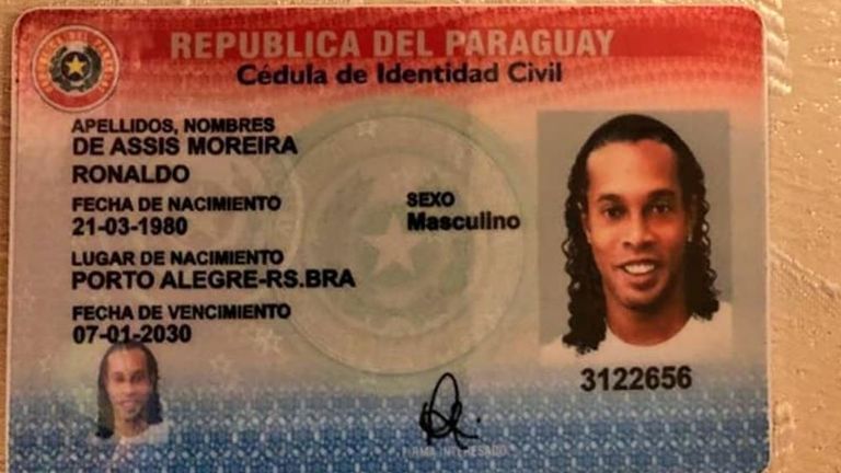 Photograph of a Paraguayan ID document shared by the Paraguayan authorities on Facebook bearing the name 'Ronaldo' (Pic: Fiscalia Paraguay)
