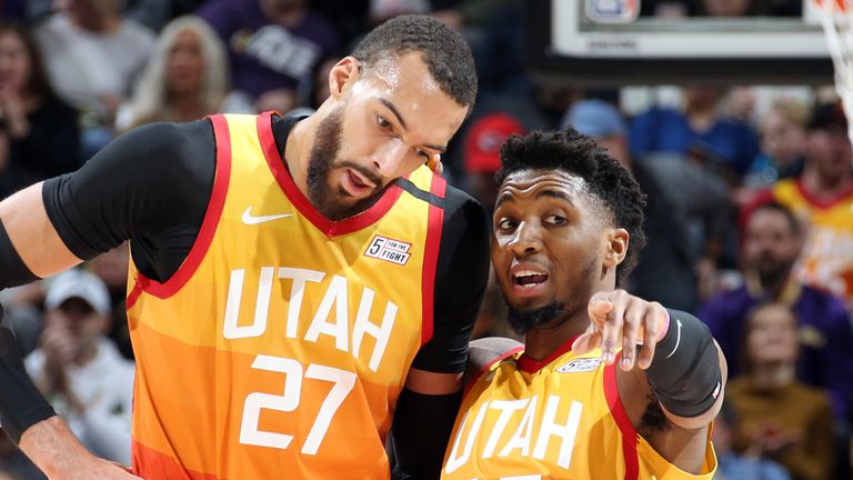 SALT LAKE CITY, UT - JANUARY 20: Rudy Gobert #27 and Donovan Mitchell #45 of the Utah Jazz talk during the game against the Indiana Pacers on January 20, 2020 at vivint.SmartHome Arena in Salt Lake City, Utah. 