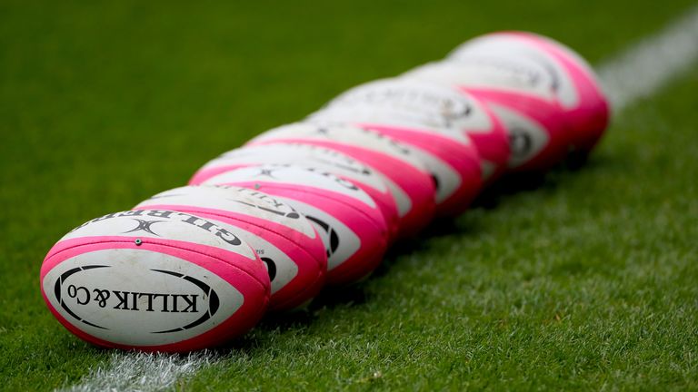 General view of balls on the pitch ahead of a rugby union match