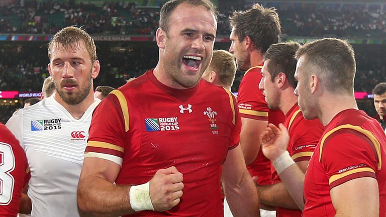 Jamie Roberts celebrates Wales' 2015 Rugby World Cup win over England at Twickenham