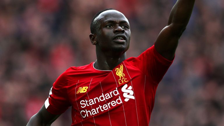 Sadio Mane of Liverpool celebrates after scoring   between Liverpool FC and Bournemouth at Anfield