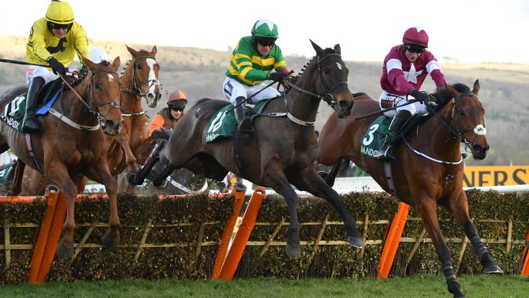 Saint Roi (C) sandwiched between Buildmeupbuttercup (L) and Embittered (R) at the last in the County Hurdle