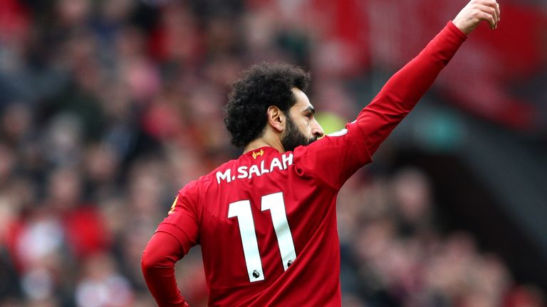Mohamed Salah of Liverpool celebrates after scoring v Bournmouth