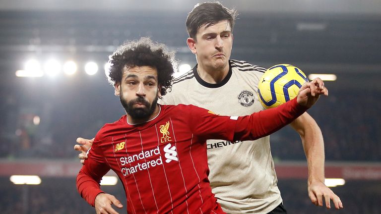 Liverpool's Mohamed Salah (left) and Manchester United's Harry Maguire battle for the ball during the Premier League match at Anfield, Liverpool. PA Photo. Picture date: Sunday January 19, 2020. See PA story SOCCER Liverpool. Photo credit should read: Martin Rickett/PA Wire. RESTRICTIONS: EDITORIAL USE ONLY No use with unauthorised audio, video, data, fixture lists, club/league logos or "live" services. Online in-match use limited to 120 images, no video emulation. No use in betting, games or single club/league/player publications.