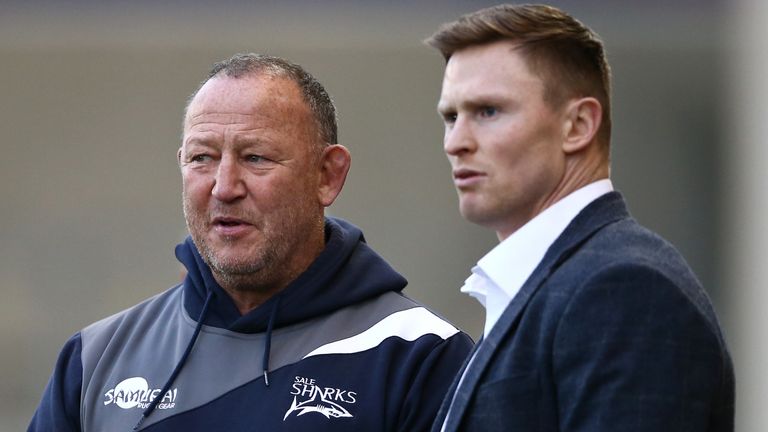 Sale Sharks Director of Rugby Steve Diamond and Chris Ashton in discussion prior to the Gallagher Premiership Rugby match between Sale Sharks and Harlequins at AJ Bell Stadium on April 05, 2019 in Salford, United Kingdom. 