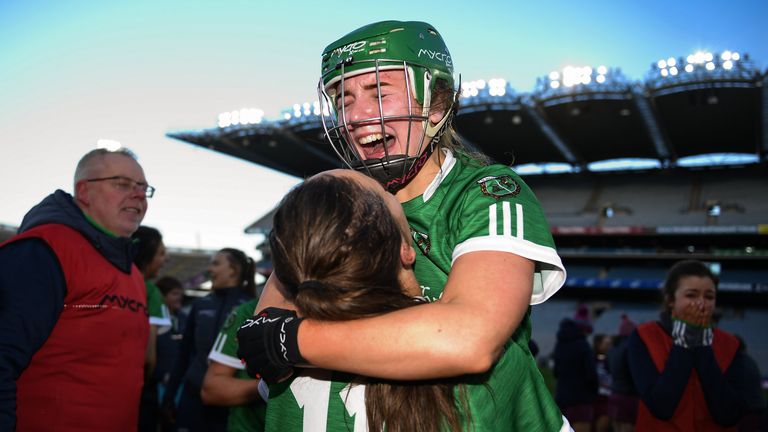 Orlaith McGrath and Sara Spellman of Sarsfields celebrate at full-time