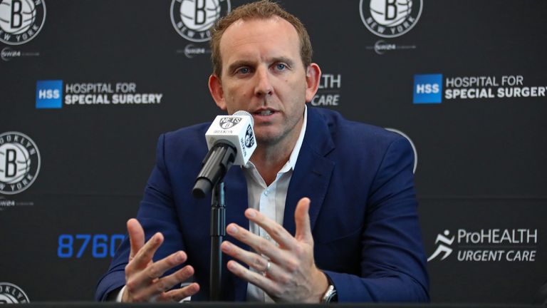 Sean Marks, GM of the Brooklyn Nets, speaks to the media