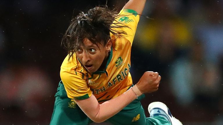 PERTH, AUSTRALIA - FEBRUARY 23: Shabnim Ismail of South Africa bowls during the ICC Women's T20 Cricket World Cup match between England and South Africa at the WACA on February 23, 2020 in Perth, Australia. (Photo by Paul Kane/Getty Images)