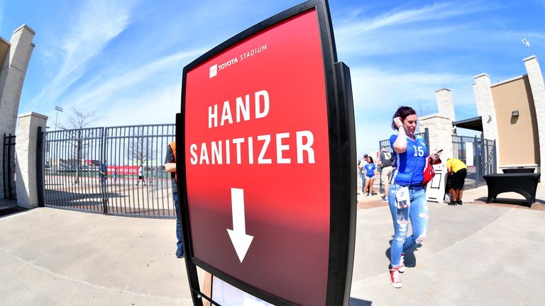 Hand sanitizer was provided for spectators at the She Believes Cup