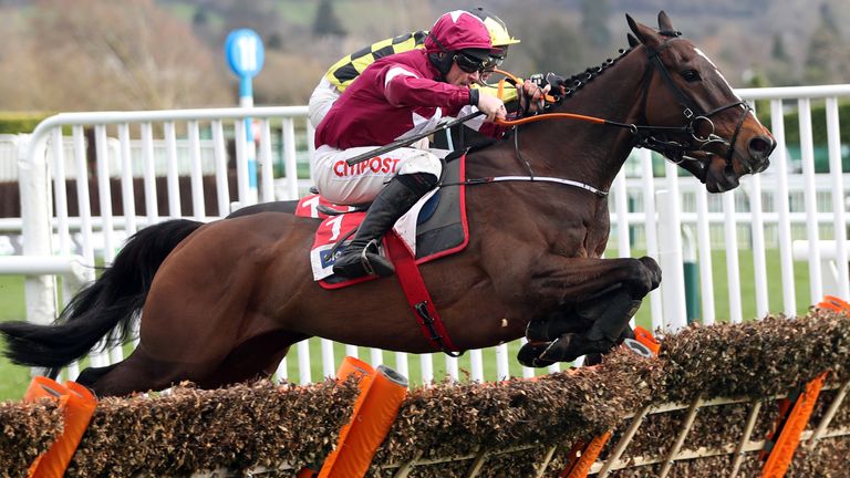 Shishkin ridden by Nico de Boinville (behind) goes over the last with Abacadabras ridden by Davy Russell on their way victory in the Sky Bet Supreme Novices' Hurdle