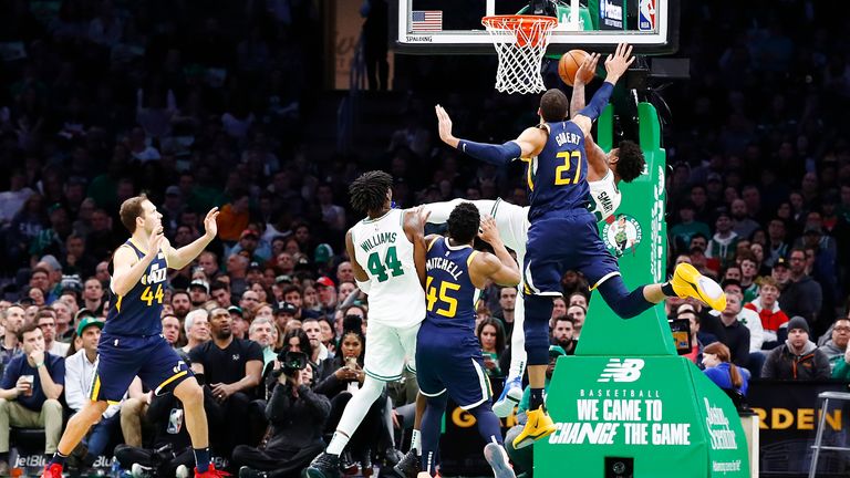 Marcus Smart of the Boston Celtics is fouled during the fourth quarter of the game against the Utah Jazz
