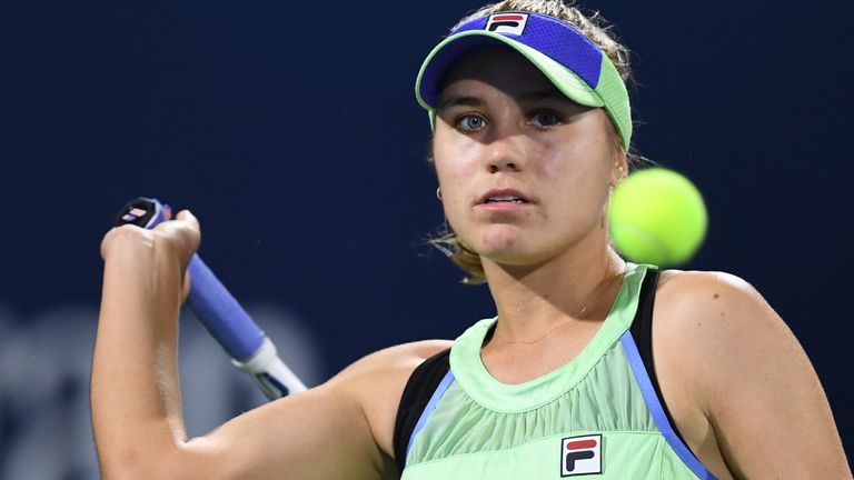 Sofia Kenin of the US plays against Kazakhstan's Elena Rybakina during the WTA Dubai Duty Free Tennis Championship, at the Dubai Tennis Stadium in the United Arab Emirates, on February 18, 2020. 