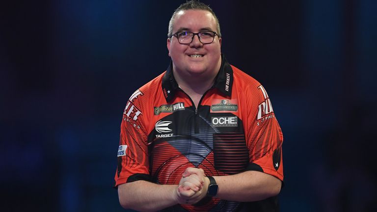 Stephen Bunting of England reacts during the Second Round match between Stephen Bunting of England and Jose Justicia of Spain on Day 6 of the 2020 William Hill World Darts Championship at Alexandra Palace on December 18, 2019 in London, England.