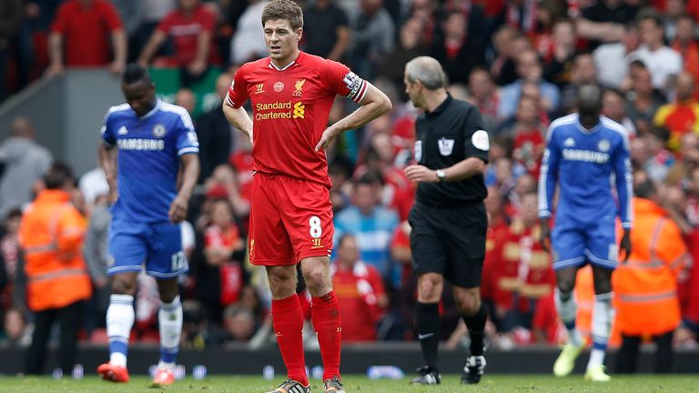 Dejected Steven Gerrard after the first Chelsea goal during the Liverpool versus Chelsea Barclays FA Premier League match at Anfield on April 27th 2014 in Liverpool (Photo by Tom Jenkins)