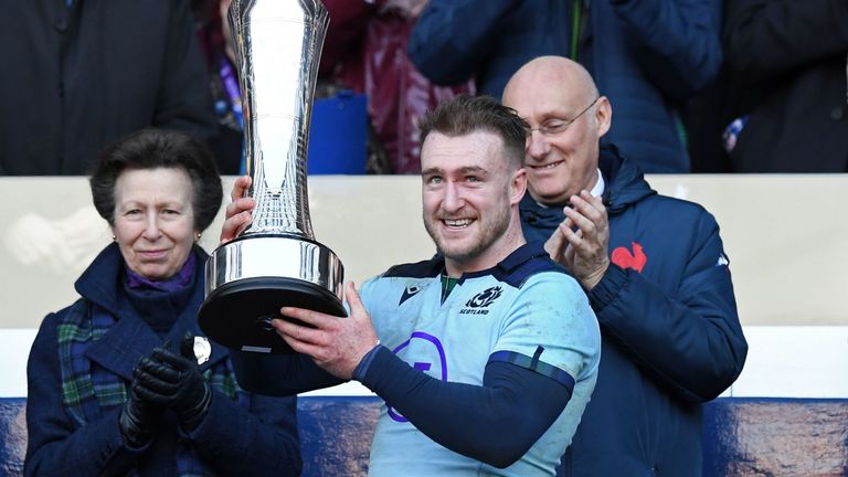 Scotland's captain Stuart Hogg lifts the Auld Alliance Trophy after the Six Nations international rugby union match between Scotland and France at Murrayfield Stadium in Edinburgh on March 8, 2020. - Scotland won the game 28-17 (
