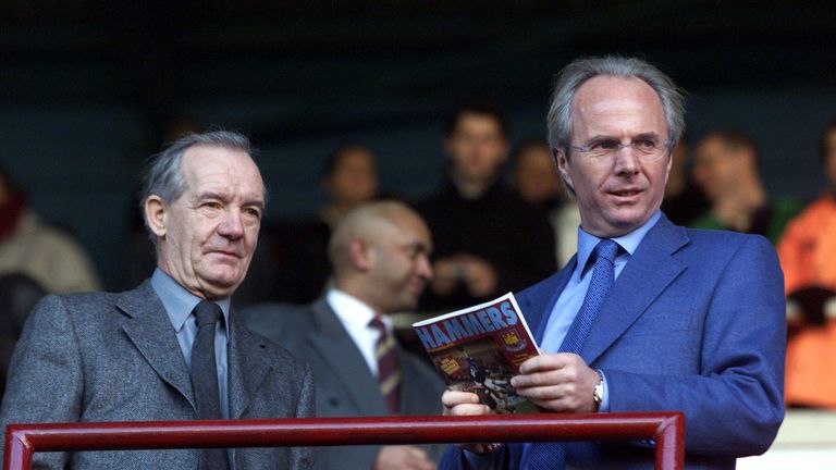 Sven-Goran Eriksson and assistant Tord Grip watch on from the stands at Upton Park