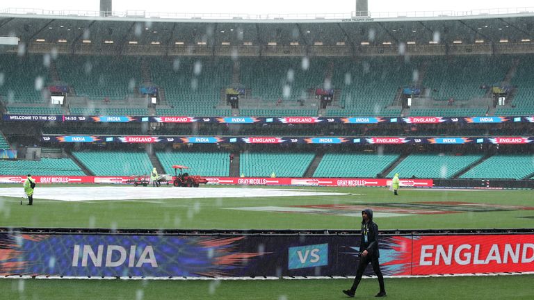 Rain pours down at the Sydney Cricket Ground, forcing the abandonment of England's semi-final against India in the Women's T20 World Cup