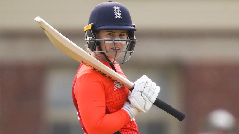 Tammy Beaumont of England looks on during game four of the Tri Series Twenty20 series between India and England at Junction Oval on February 07, 2020 in Melbourne, Australia.