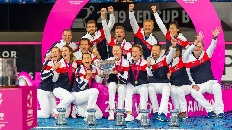 Team France celebrate after winning the 2019 Fed Cup Final tie between Australia and France at RAC Arena on November 10, 2019 in Perth, Australia. 