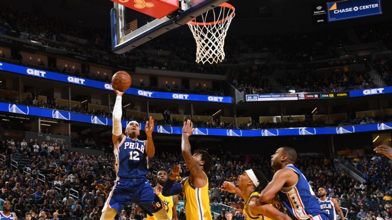 Tobias Harris of the Philadelphia 76ers shoots the ball against the Golden State Warriors 