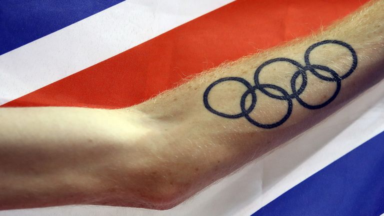 GLASGOW, SCOTLAND - FEBRUARY 23: A detail image of Tom Bosworth's tattoo as he celebrates winning the Men's 5000m Race Walk and setting a new British record on day two of the SPAR British Athletics Indoor Championships at Emirates Arena on February 23, 2020 in Glasgow, Scotland. (Photo by Bryn Lennon/Getty Images)