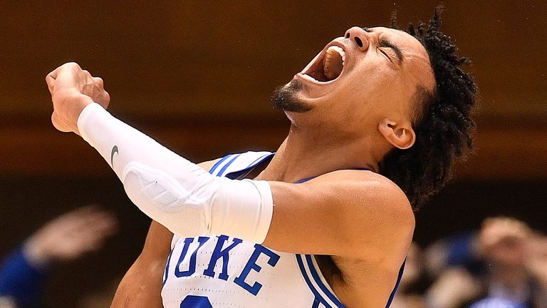 Point guard  Tre Jones celebrates a Duke victory