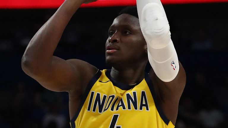 Victor Oladipo fires a jump shot during the Pacers' win over the Mavericks