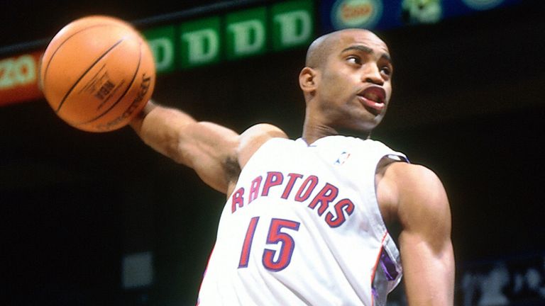 Vince Carter throws down a dunk at a Raptors' practice in 1999